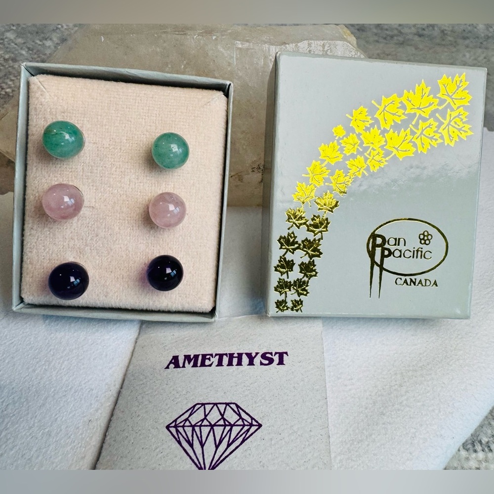 Amethyst,Jade, Rose Quartz Stud Earrings Set from Pan Pacific Vancouver BC NWOT - Picture 7 of 12